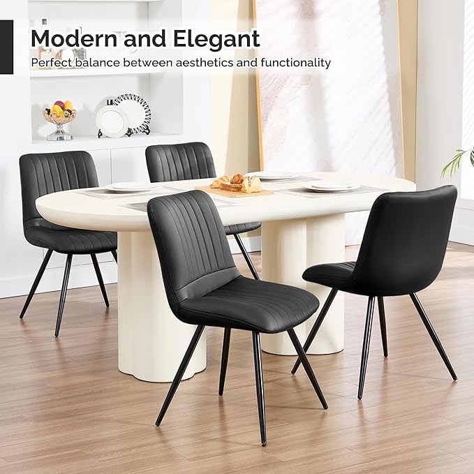 Black Dining Chairs Set of 4, Dining Chairs with Thick Cushions, PU Leather U...