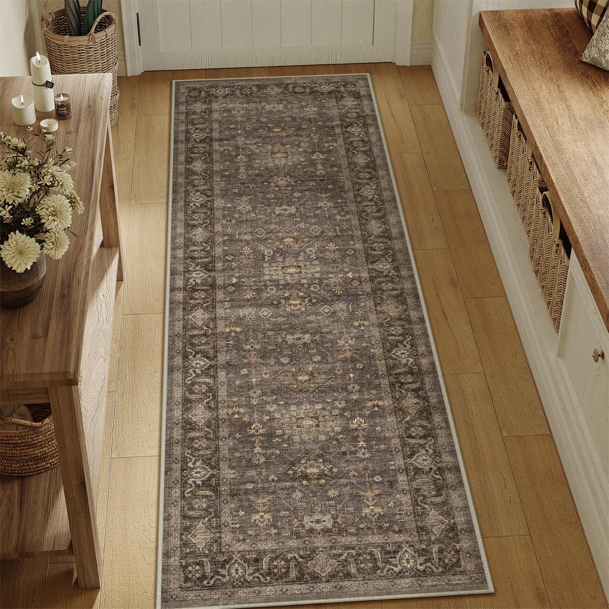 2x8 Washable Runner Rug for Hallway Kitchen Vintage Brown Non Slip Low Pile