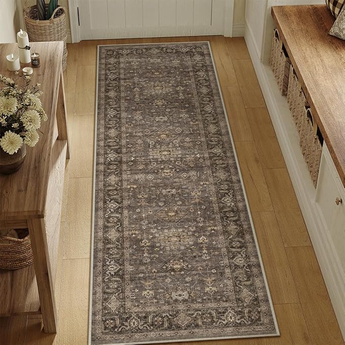 2x10 Washable Runner Rug for Hallway Kitchen Vintage Brown Non Slip Low Pile - Image 3