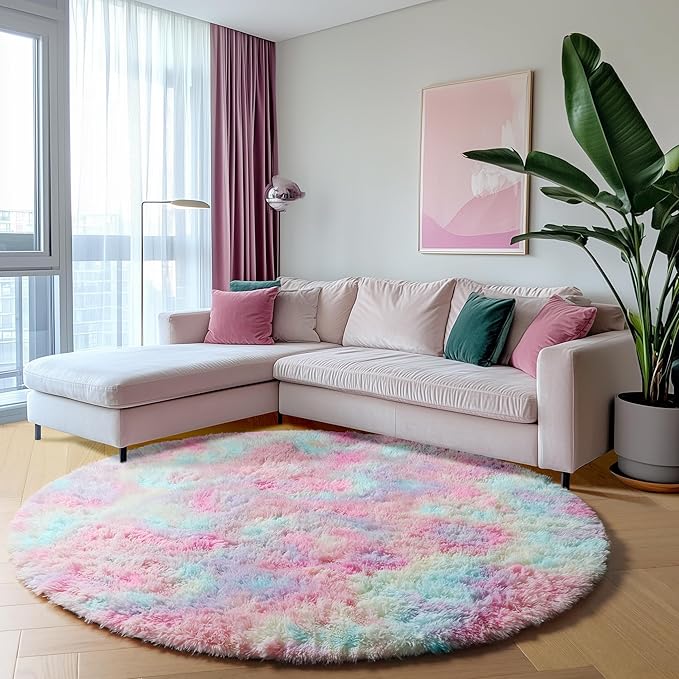 ONASAR Rainbow Round Rugs 6ft for Living Room Bedroom, Fluffy Circle Area Rug - Image 4