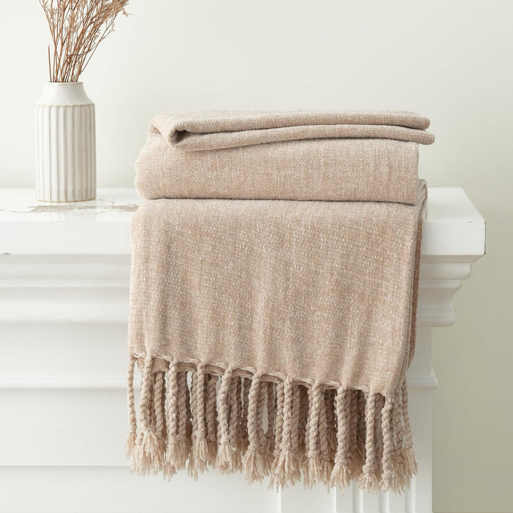 Battilo Beige Chenille Throw Blanket for Couch 50"x60"