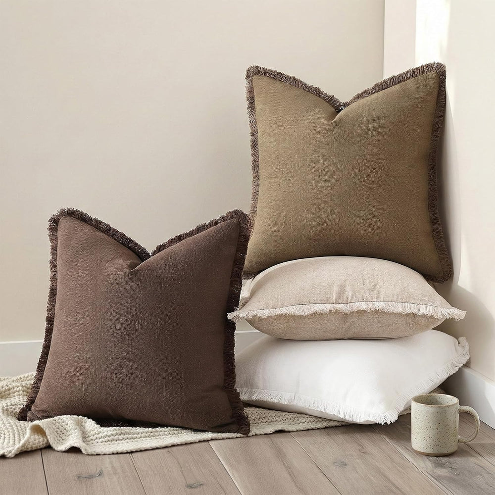 decorUhome Linen Fringe Chocolate Throw Pillow Covers 18x18 Set of 2