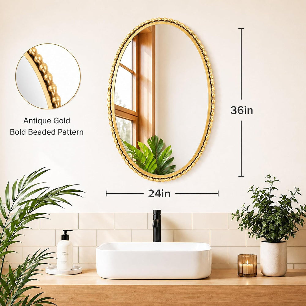 24"x36" Oval Wall Mirror, Antique Gold Bold Beaded Frame