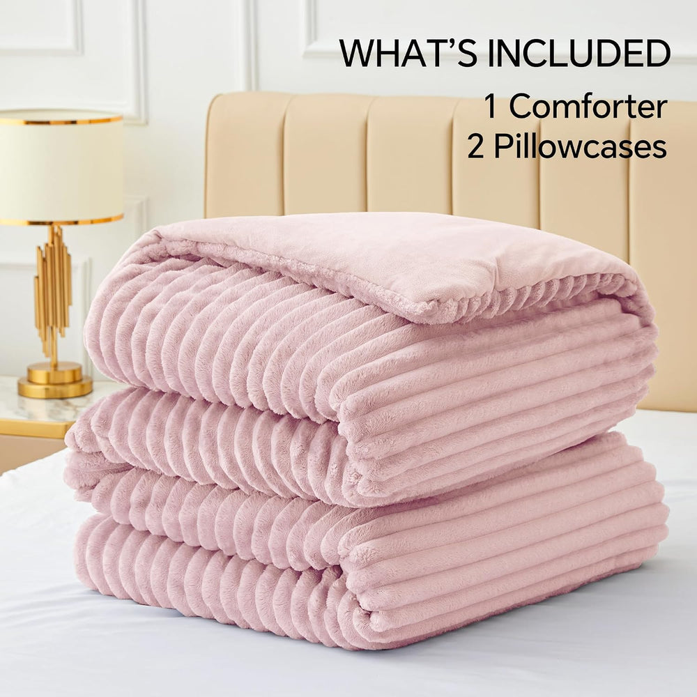 BEDELITE Fleece Queen Comforter Set, Fluffy Bed Set, Pink