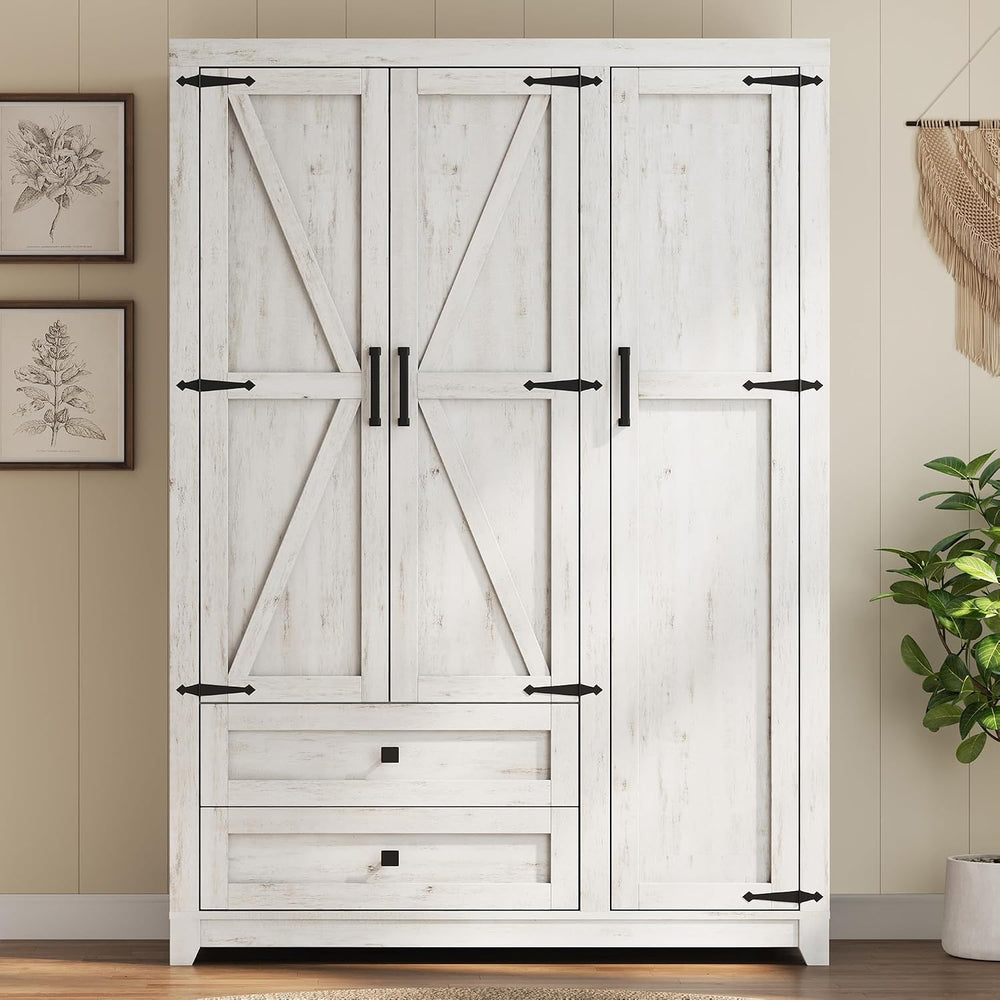 AMERLIFE Farmhouse 3 Door Wardrobe Closet with 2 Drawers & Hanging Rod