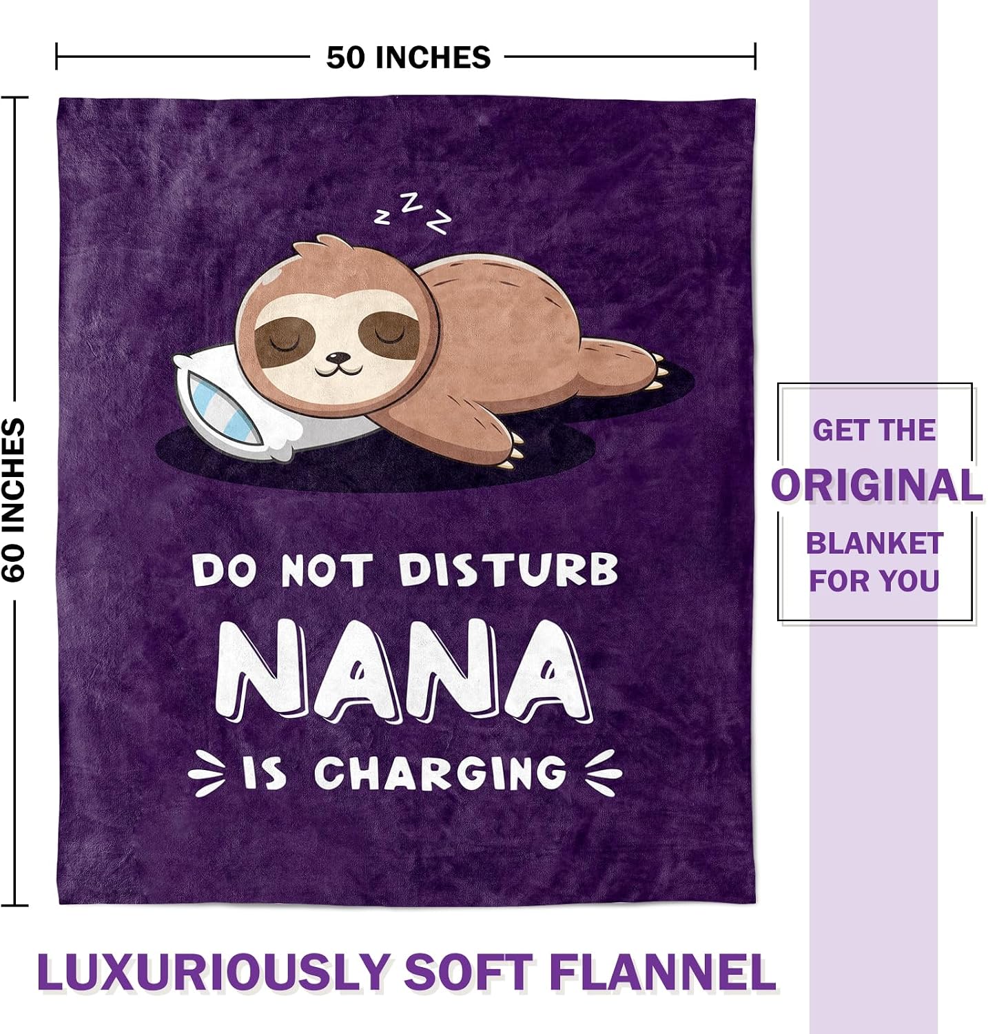 Leebbsin Funny Nana Gifts, Nana Birthday Gifts from Grandkids | Nana is Charging Sloth Blanket 60" X 50", Purple, Gifts for Nana Christmas Mothers Day, Soft Sloth Throws Blanket for Nana