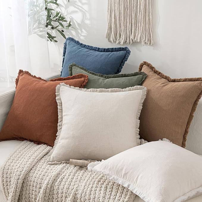 MIULEE Decorative Throw Pillow Covers Neutral Linen Fringe Throw Pillows Set of - Image 5