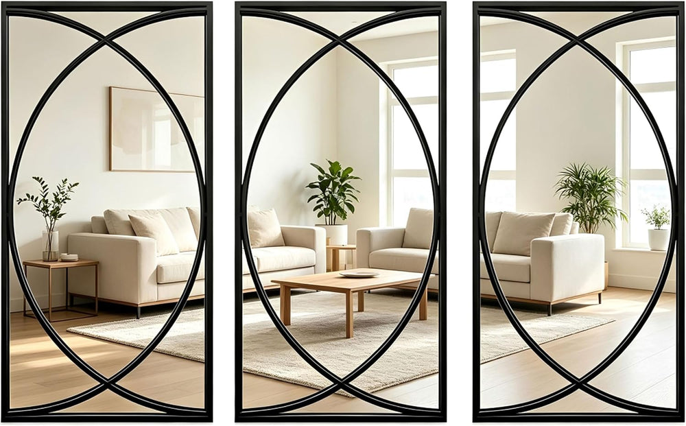 3-Piece Large Black Metal Rectangular Wall Mirror Set, Geometric Mirror