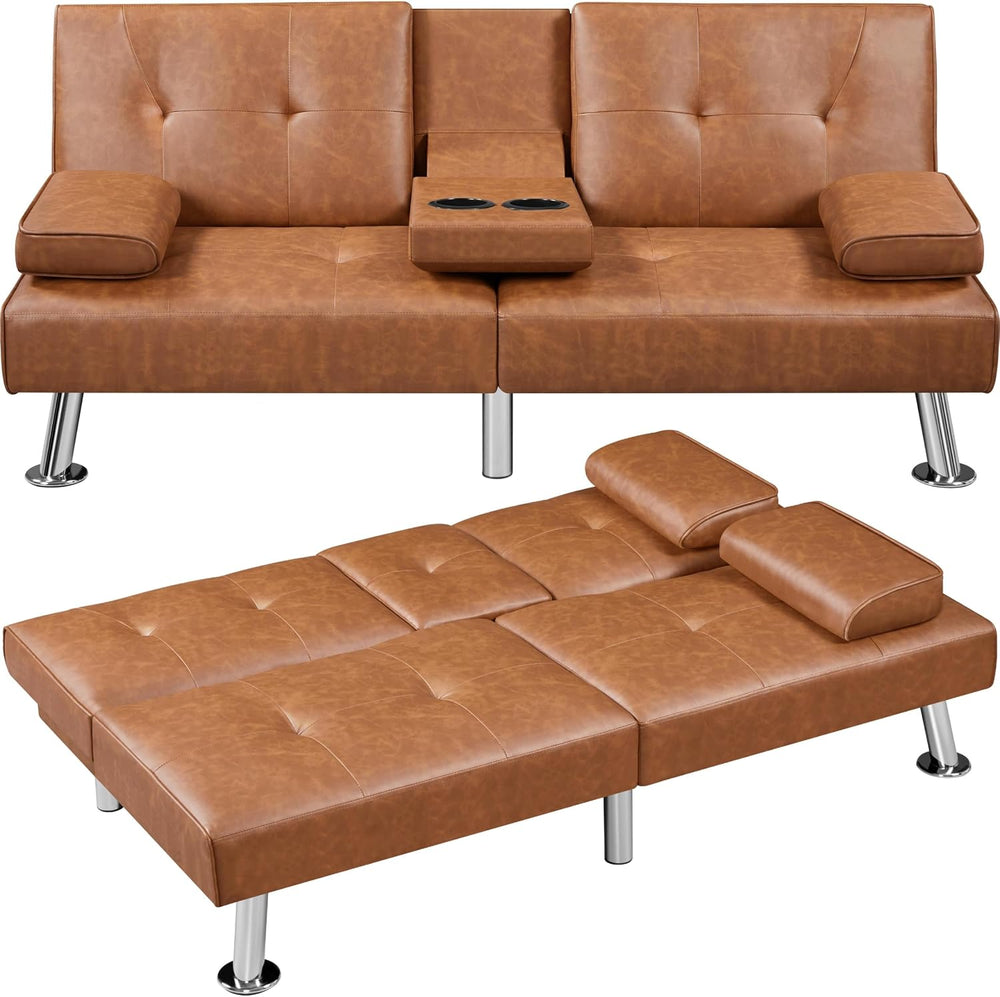 Yaheetech Convertible Futon Sofa Bed Loveseat with Cup Holder, Brown