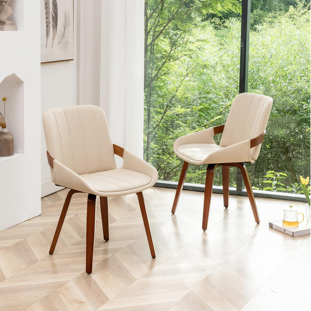 Mid Century Modern Beige Faux Leather Upholstered Dining Chairs Set of 2,Arml...