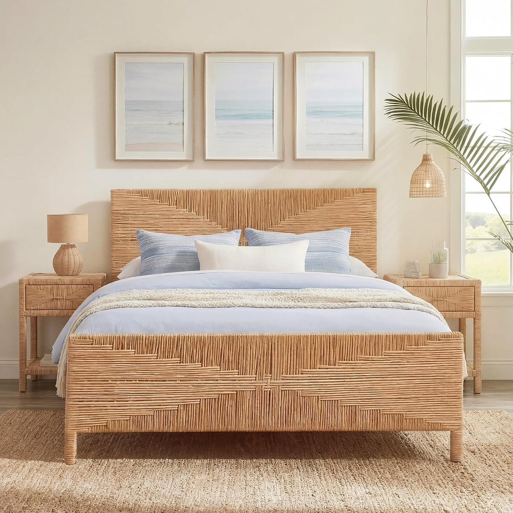 Brafab Boho Queen Rattan Bed Frame with Headboard and Footboard