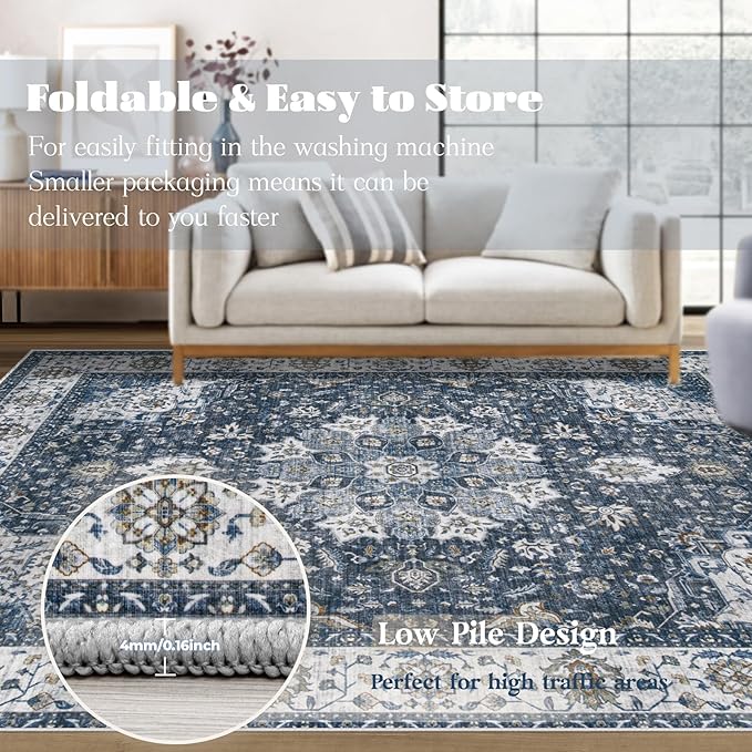 Area Rug 6x9 Washable Rug, Vintage Boho Medallion Rugs Non-Slip Soft Low Pile - Image 6