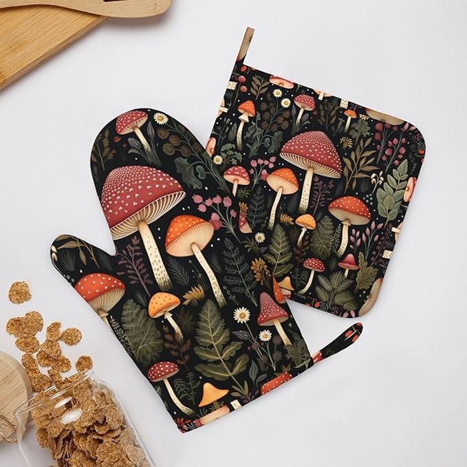 Oven Mitts and Pot Holders Mushroom Botanical Leaf Vintage Silicone Kitchen - Image 8
