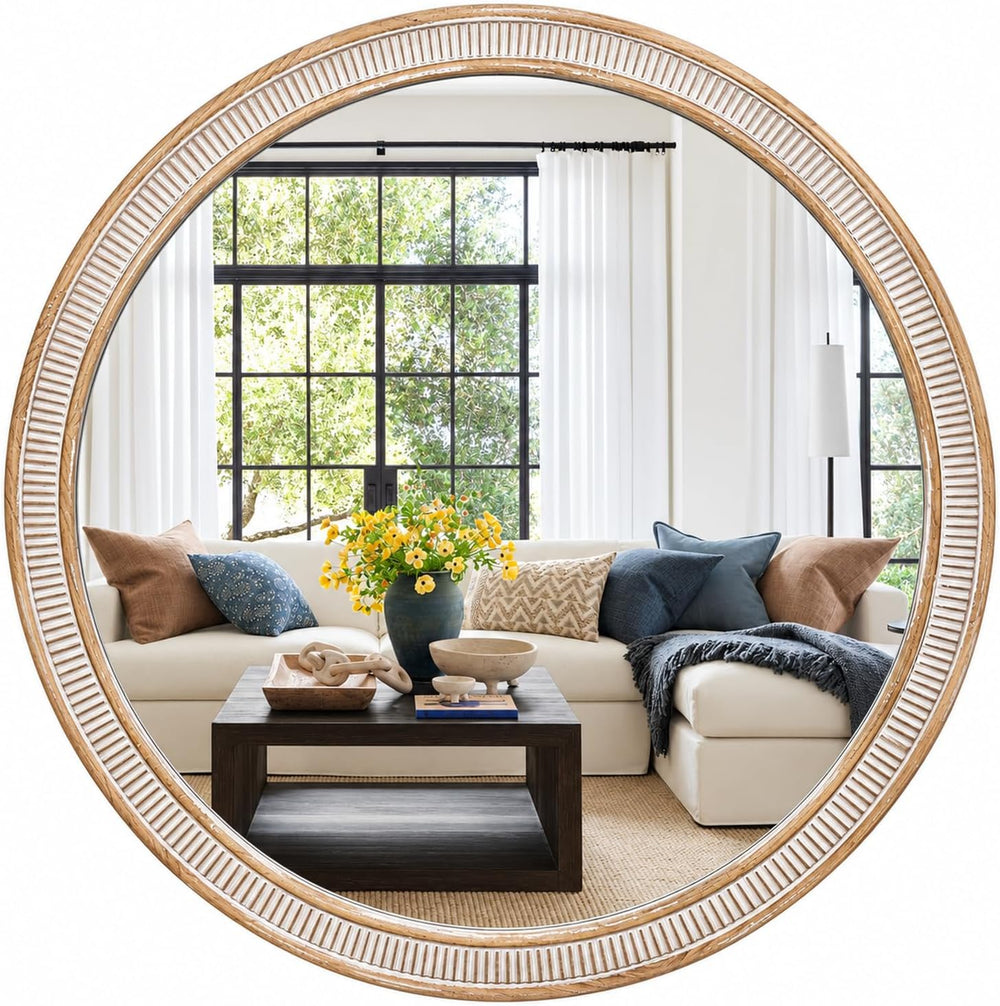 36 Inch Large Round Wood Mirror, Farmhouse Bathroom Mirrors for Wall