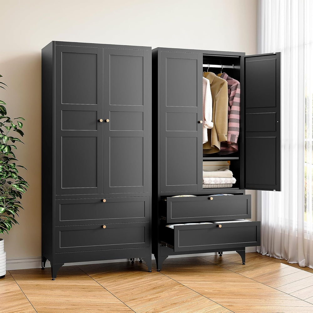 BYNSOE 71" Tall Metal Wardrobe Closet with 2 Drawers, Steel Armoire Cabi...