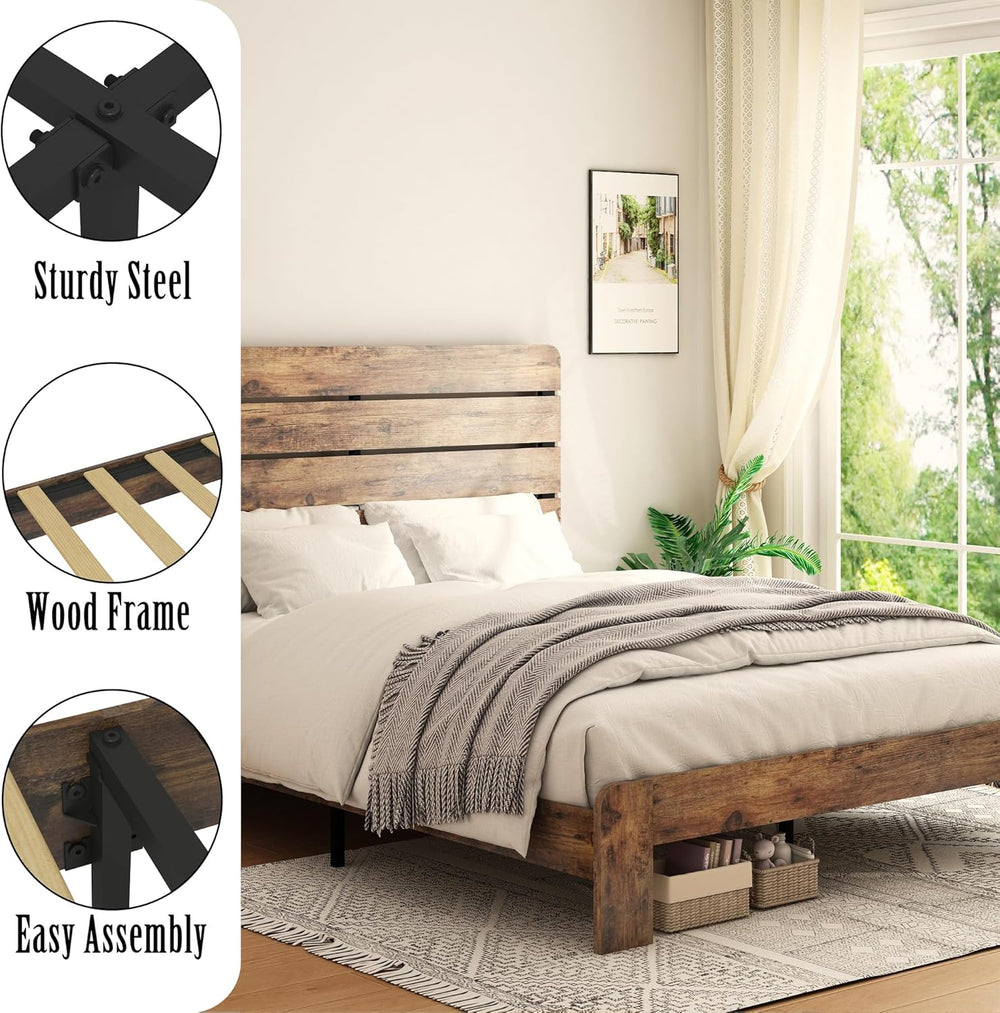 Wooden Full Size Bed Frame with Linear Headboard, Rustic Platform