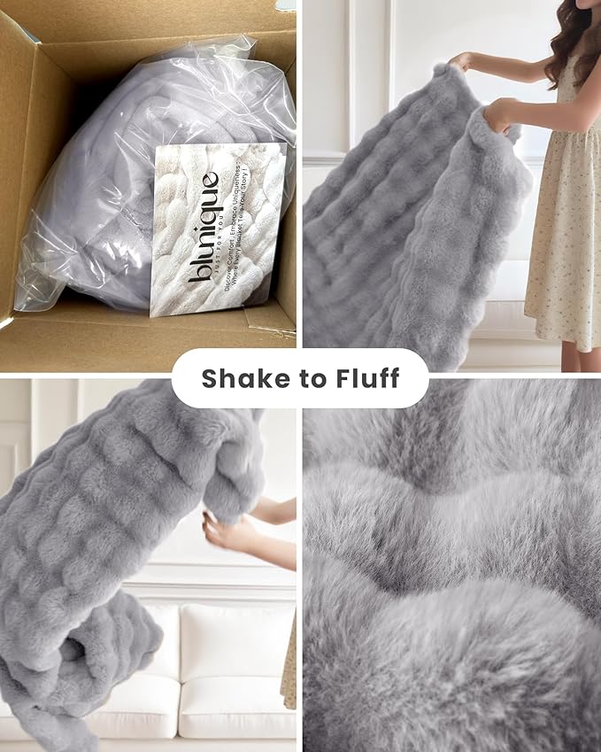 Ultra Soft Cozy Faux Fur Throw Blanket, Fuzzy Plush Thick Bubble Blanket