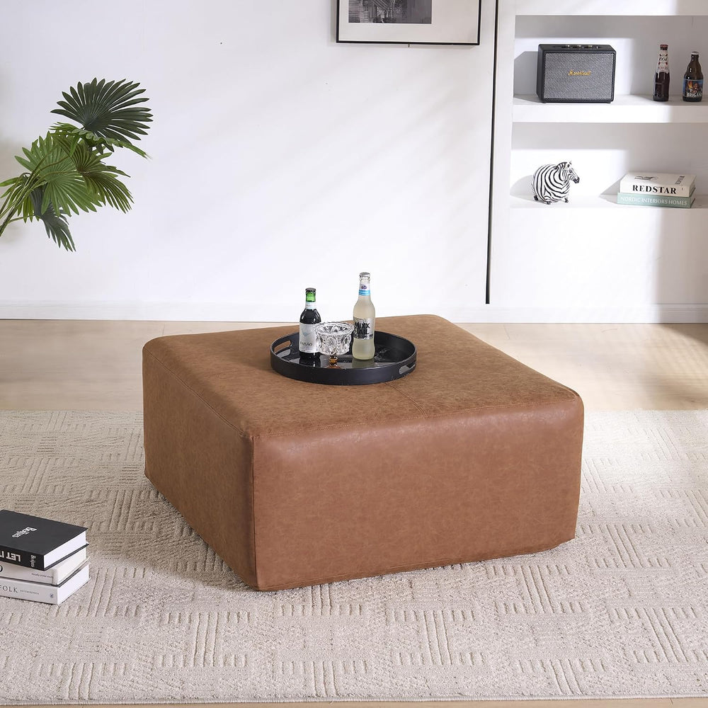 35" Faux Leather Large Square Ottoman Coffee Table for Living Room, Brow...