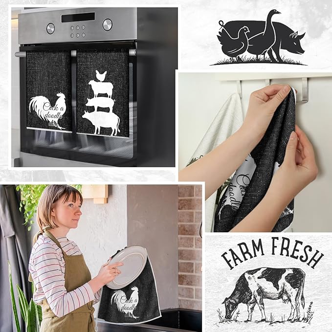 VitalCozy 8 Pcs Farm Animal Theme Kitchen Towels Pot Holders and Oven Mitt Set - Image 6