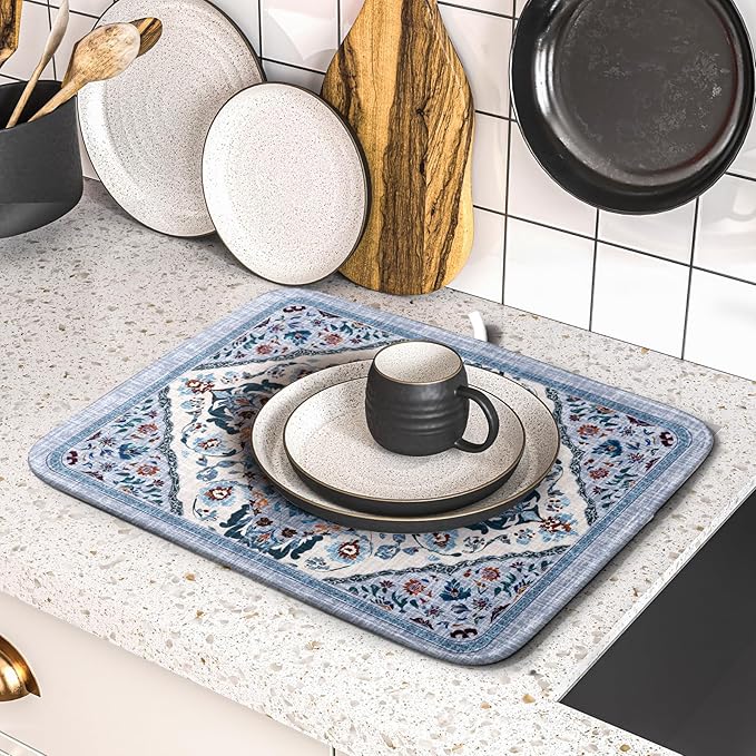 Boho Flower Dish Drying Mat Blue Bohemian Dishes Drainer Rack Mat 16x18 Inch - Image 5