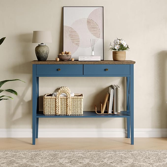 ChooChoo Console Table with Drawers, Narrow Wood Accent Sofa Table Entryway T...