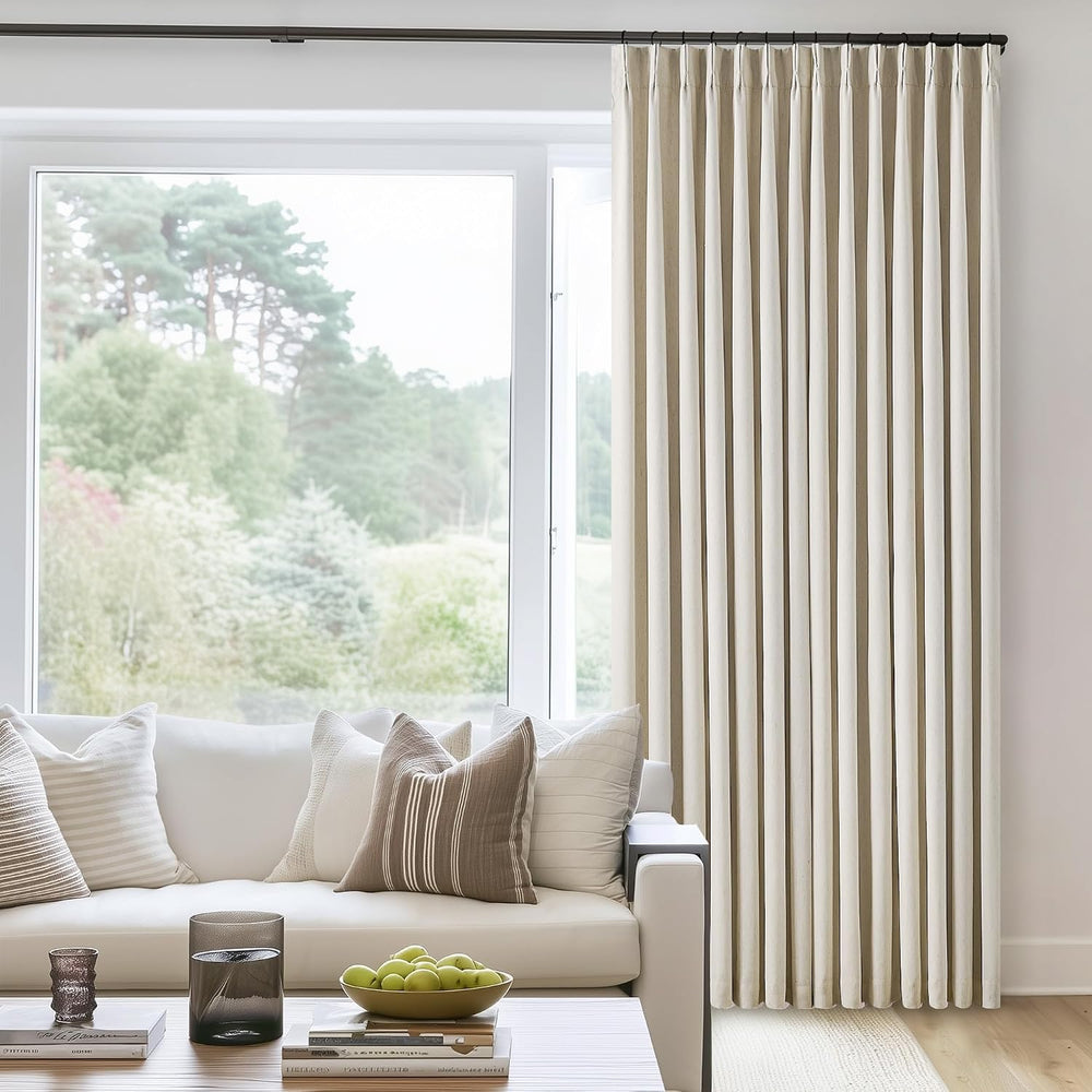 Pleated Cream Beige Linen Blackout Curtains for Bedroom 90 Inch Length