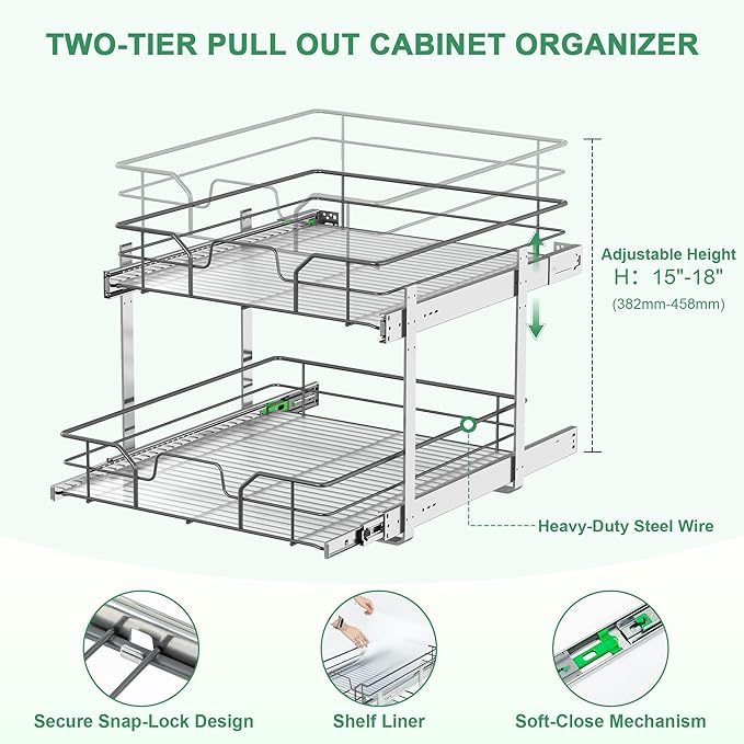2-Tier Pull Out Cabinet Organizer, Soft Close Cabinet Slide Out Shelves - Image 5
