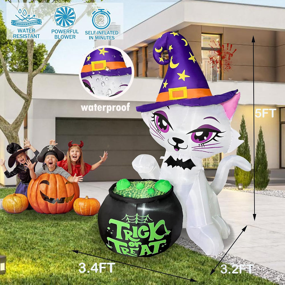 5FT Halloween Inflatable Cat with Witch Cauldron Yard Decor
