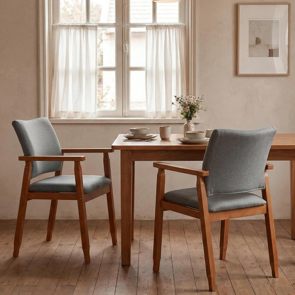 Mid Century Modern Walnut Dining Chairs Wood Arm Grey Fabric Kitchen Cafe Liv...