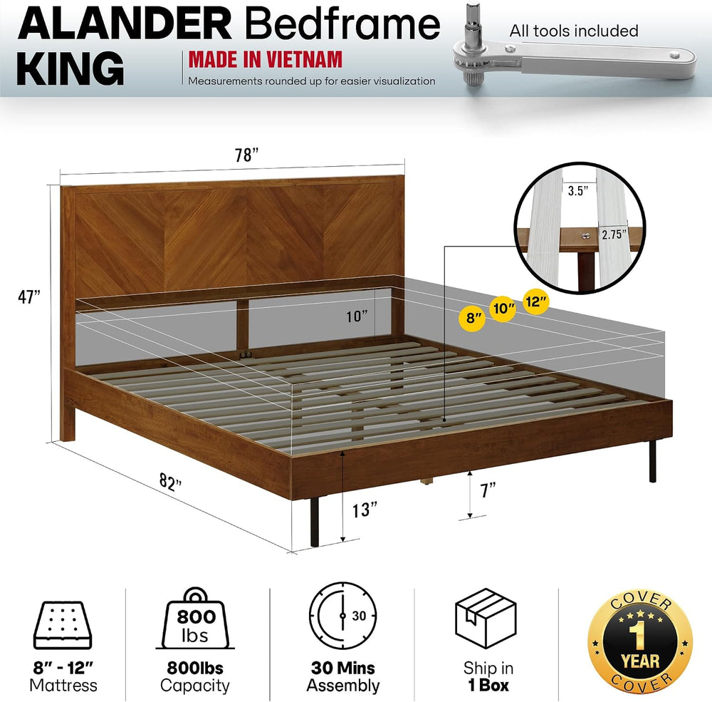 Acacia Alander Solid Wood Bed Frame with Chevron Headboard, King, Walnut