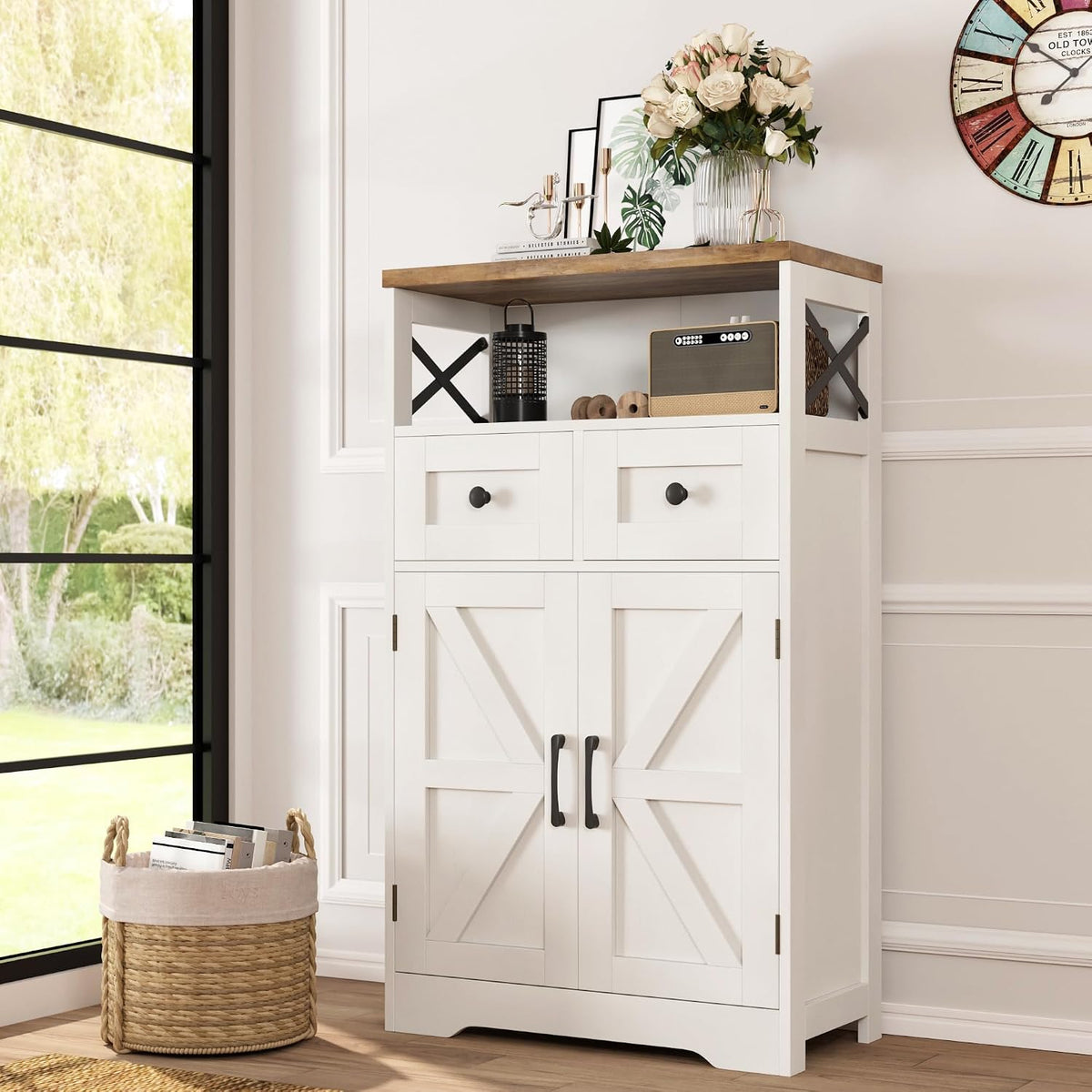 farmhouse storage cabinet with drawers, small kitchen pantry shown in use