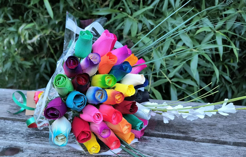 Assorted Colors Wooden Rose Closed Bud Bouquets 3 Dozen