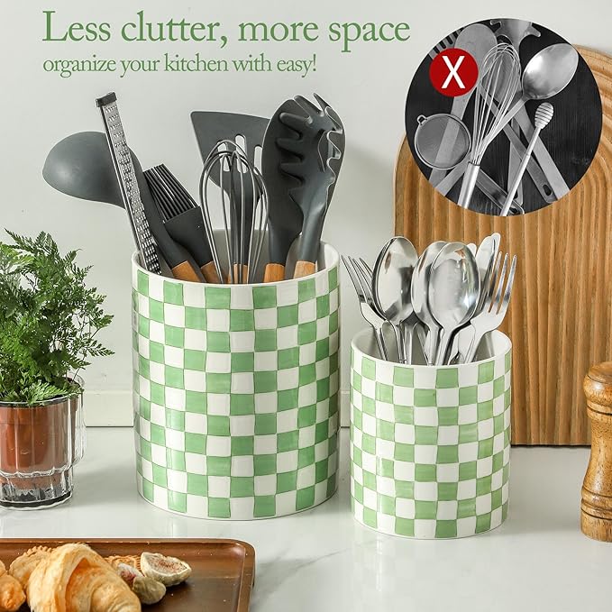 7" Ceramic Hand painted Utensil Holder, Large Kitchen Utensil Holder Organizer - Image 3