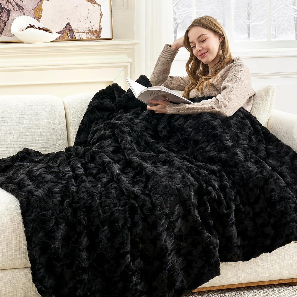 Cozy Bliss Faux Fur Throw Blanket for Couch, Fuzzy Soft Plush Thick Warm Fluf...