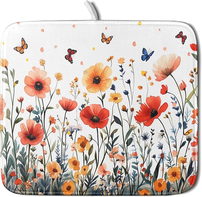 Poppy Flower Dish Drying Mat 16x18 Inch Floral Leaves Dish Drainer Protector by Giwawa