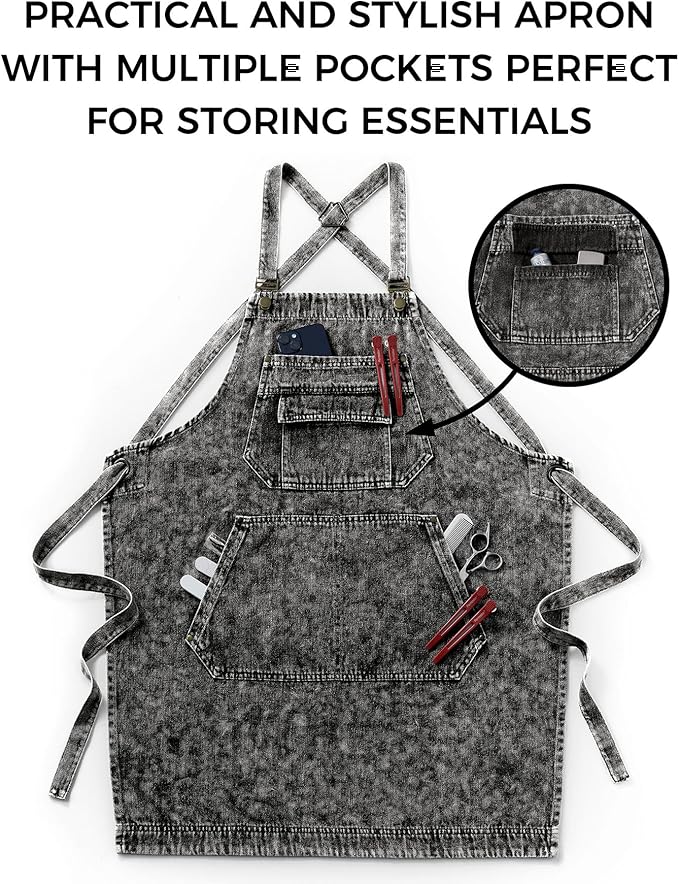 Denim Apron with Pockets for Hair Stylist Gardening Craftsmen Barista Women
