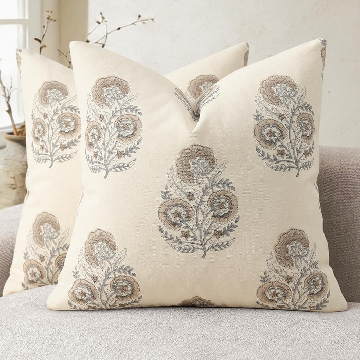 Vintage Floral Euro Sham Fall Pillow Covers 24x24 Set of 2 Patterned Accent Decorative Cushion Covers Modern Farmhouse Throw Pillow Covers for Bed Sofa Couch Chair Living Room Home Decor, Light Brown