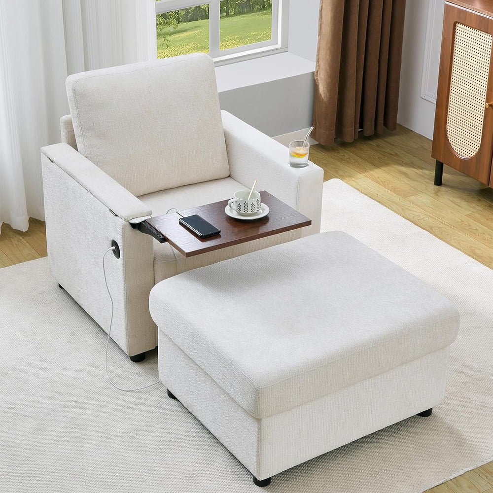 Rading Chairs with Storage Ottoman and Folding Tray Table, Beige