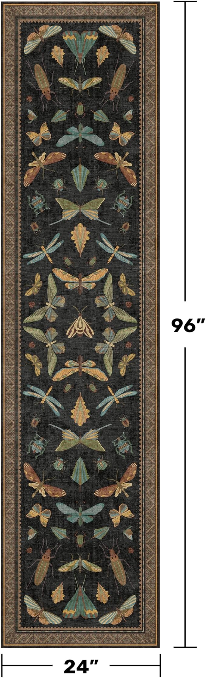 Vintage Insect 2x8 Black Entryway Runner Rug, Washable Non Slip Runners - Image 2
