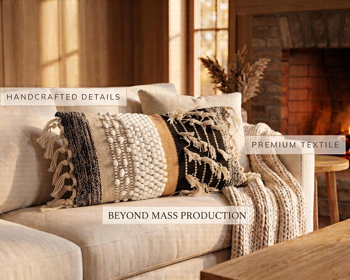 boho lumbar pillow cover 14x32, handwoven textured cotton shown in use