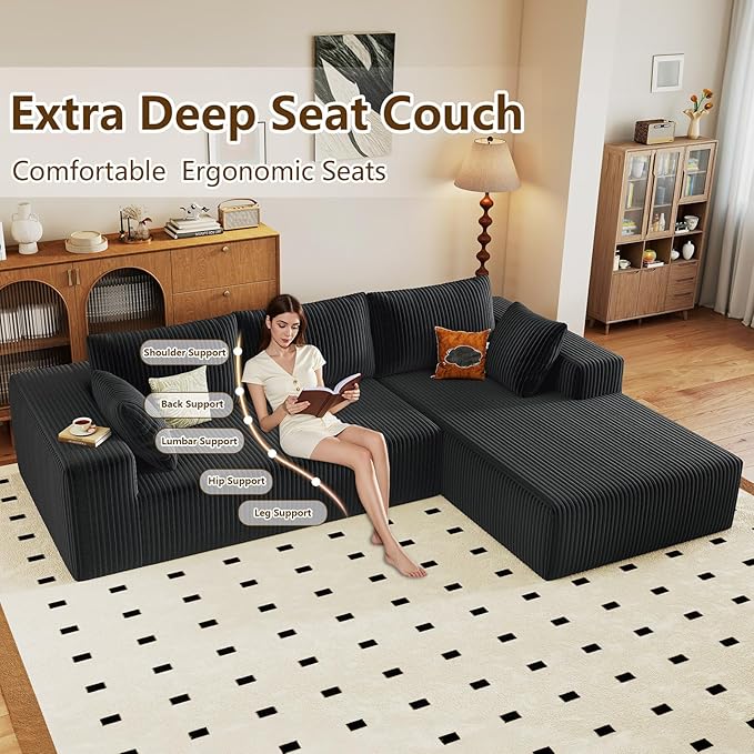 96" Modular Sectional Couch, Boneless L Shaped Cloud Sofa with Chaise Lo...