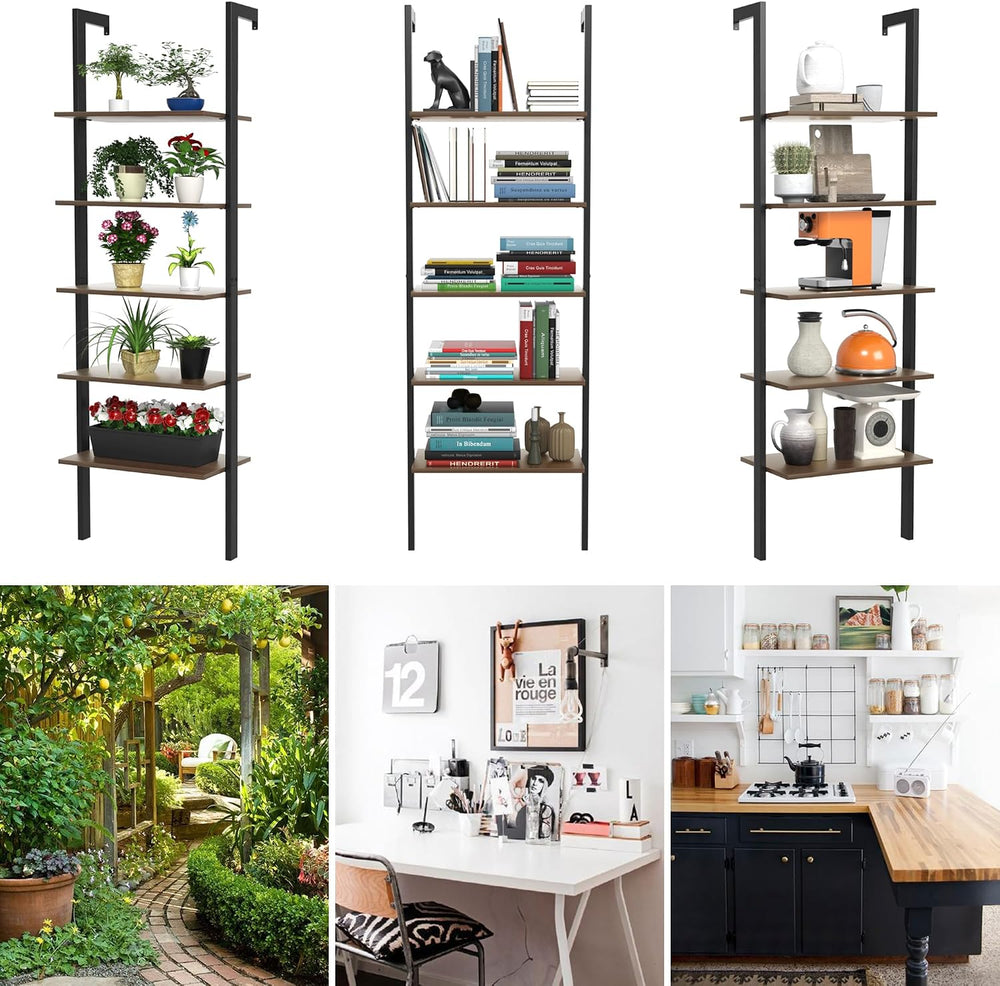 Tangkula Industrial Ladder Shelf Against The Wall, 5-Tier Wall Mount Ladder B...