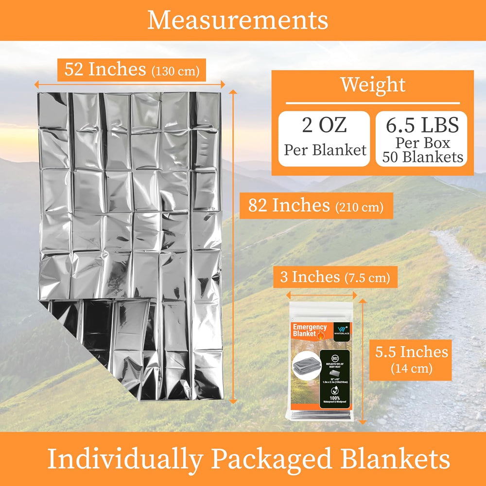 Winterlace Emergency Blankets 50-Pack (52” x 82”) Thermal Mylar Survival Resc...