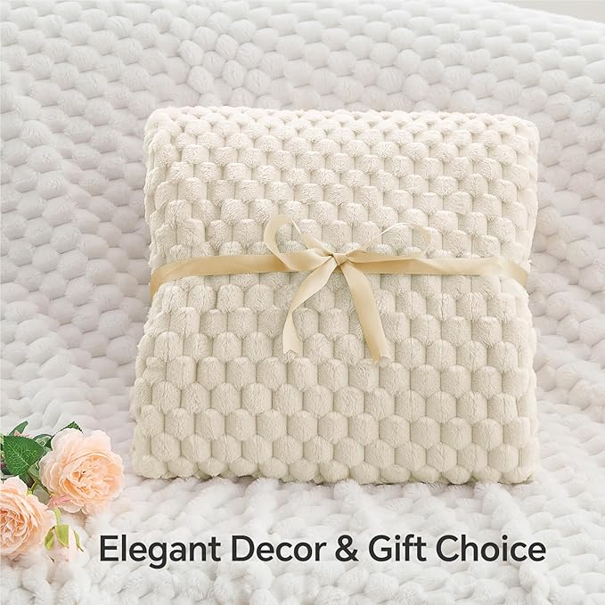 BEDELITE Fleece Blanket Twin for Bed Couch, 3D Jacquard Decorative Cream Throw - Image 4