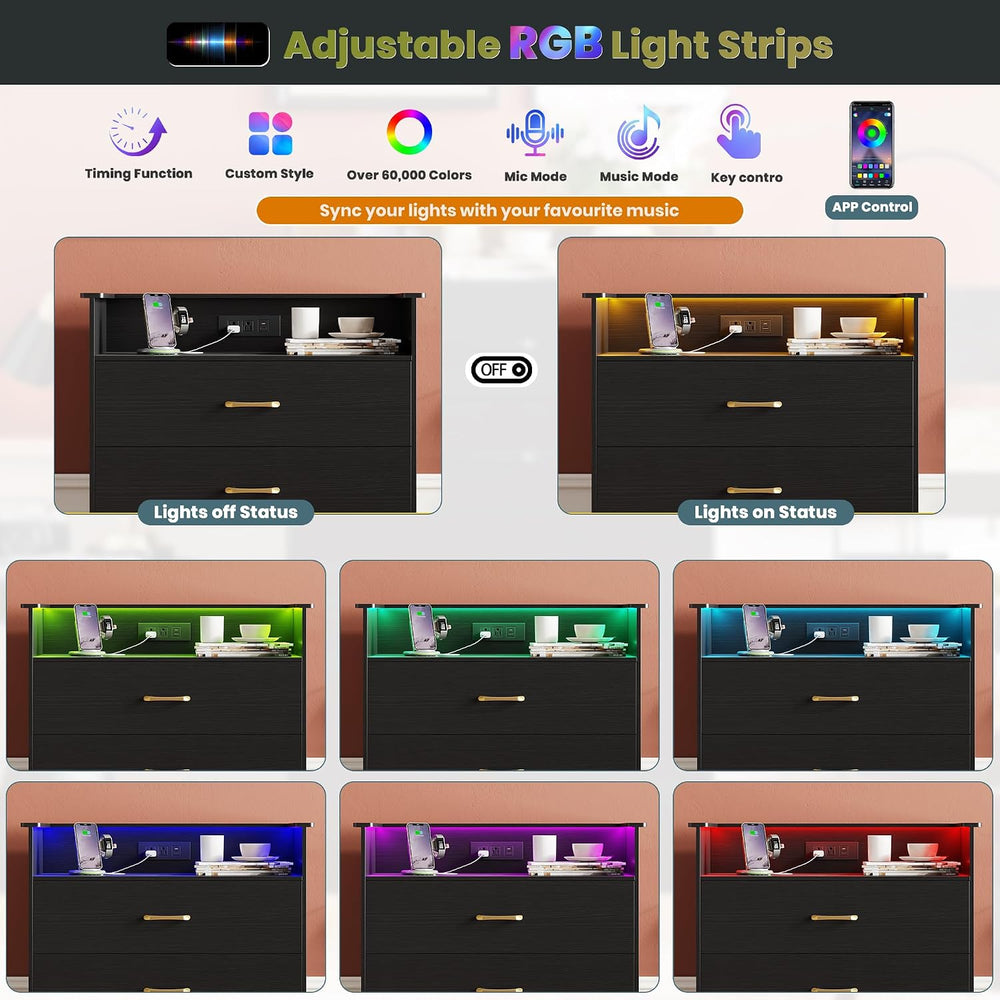 Garvee 5 Drawer Dresser with LED Light and Charging Station, Black