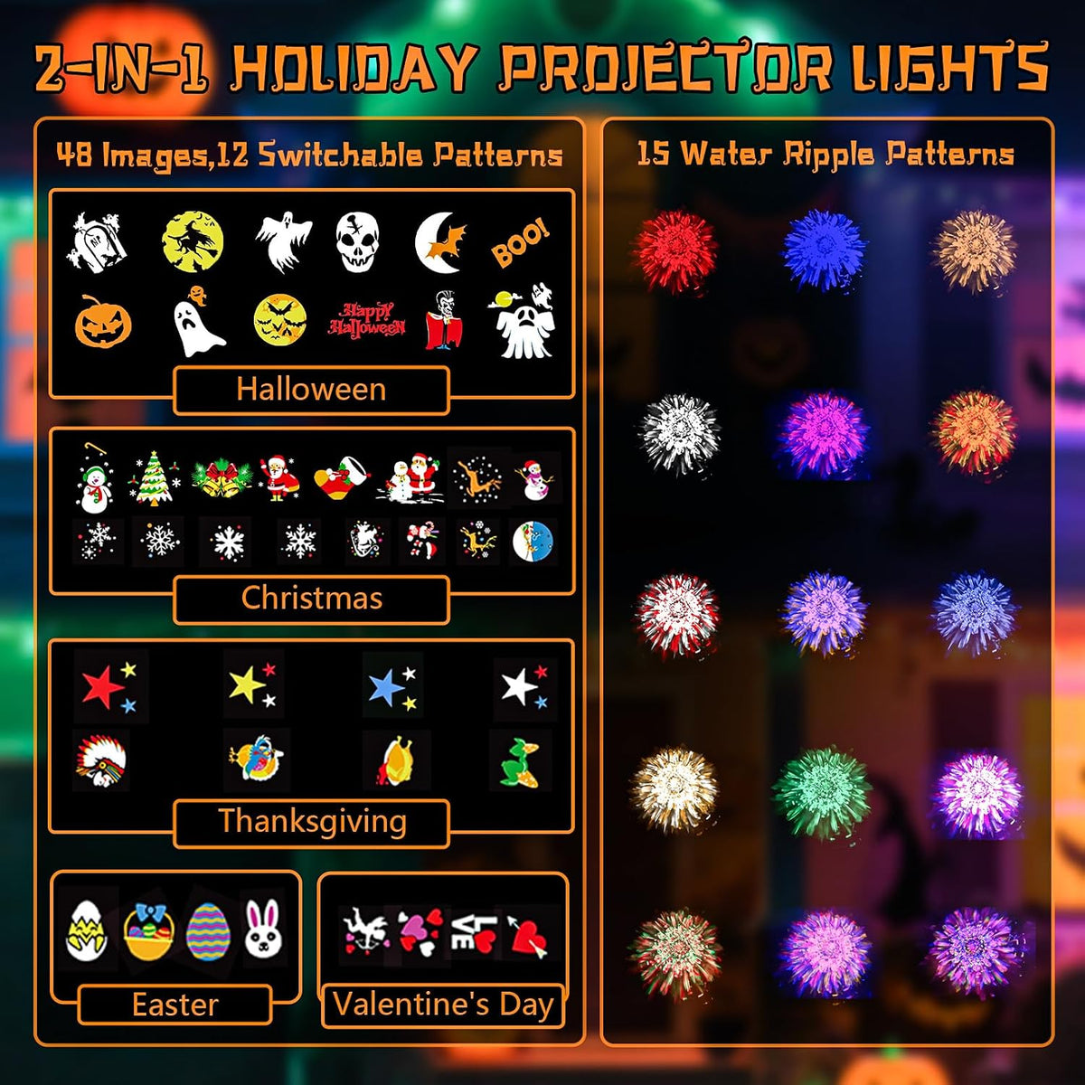 2-in-1 Halloween Projector Lights,2026 Brighter Holiday Projector Outdoor with Remote Control(Ocean Wave & Patterns), Three Fixing Methods, Timer, 12 Slide &15 Colors for Halloween/Christmas/New Year