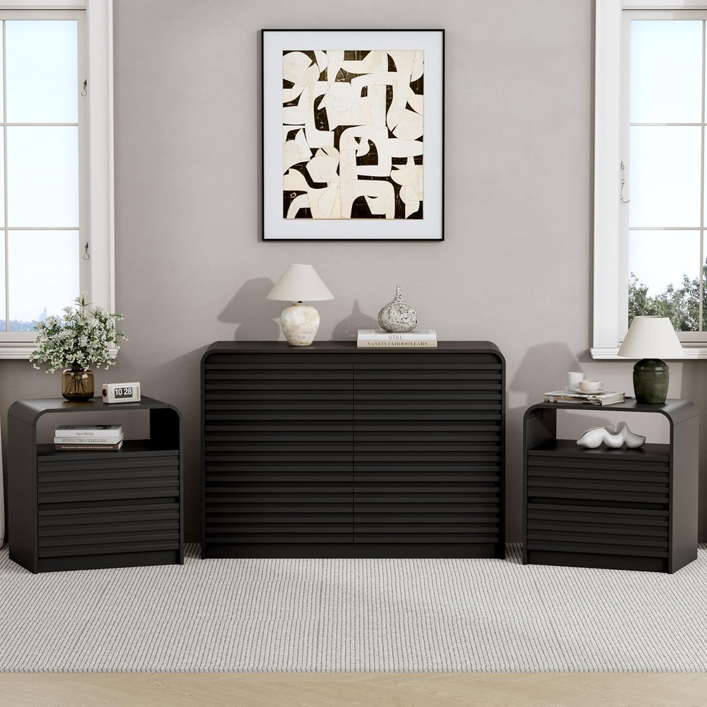 6 Drawer Dresser and Nightstand Sets for Bedroom, 3 Pcs Bedroom Set, Black