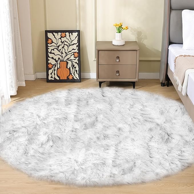 ORINOVA White and Grey Round Rugs 6ft Circle Furry Rug by ORINOVA