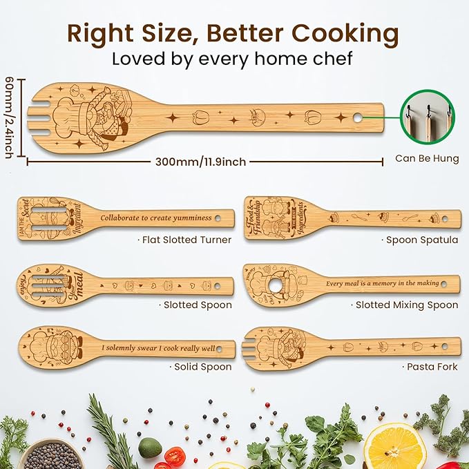 CUTHOLLOW 6PCS Chef Gnome Wooden Kitchen Cooking Utensil Set, 11.9in Non Toxic - Image 2