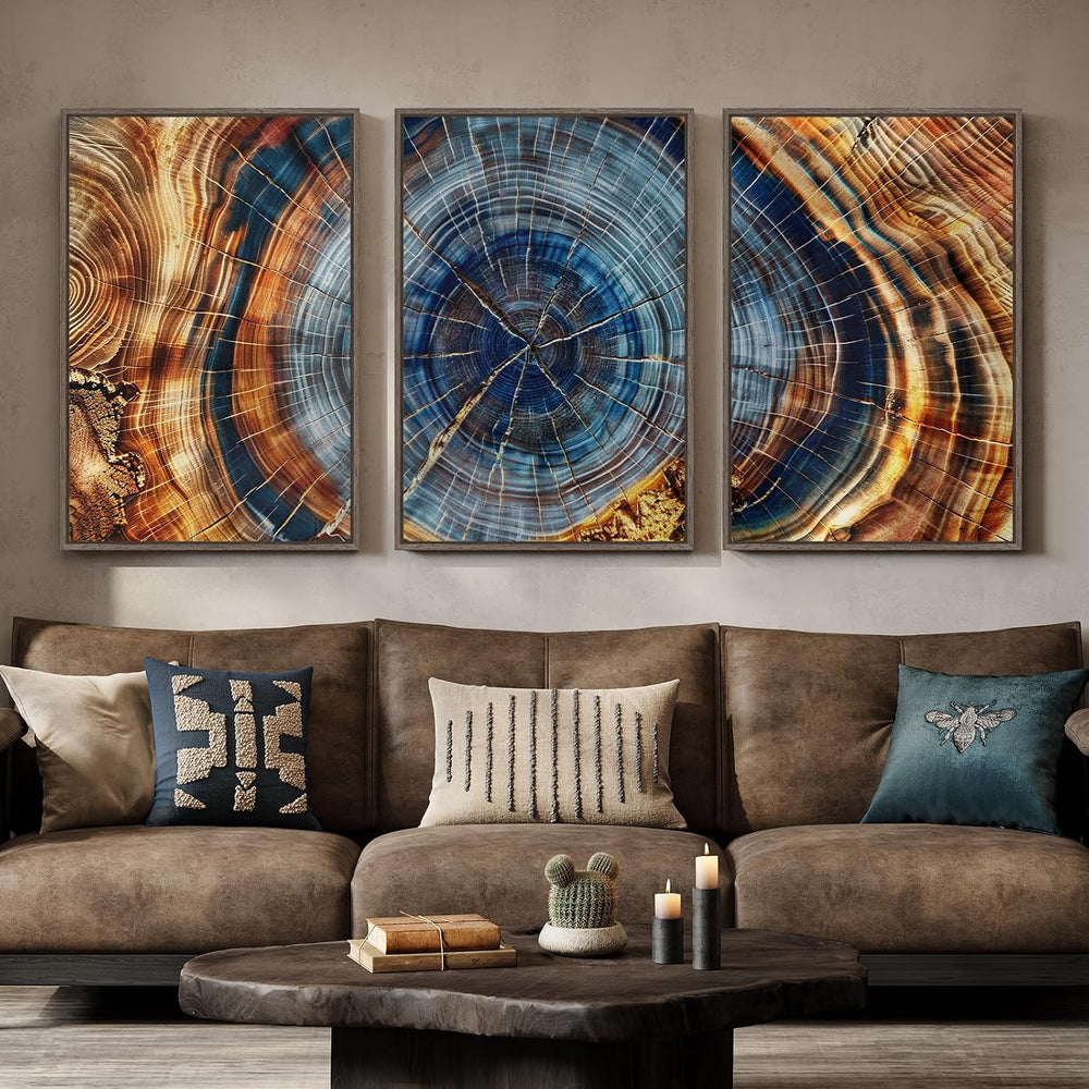 3 Piece Large Framed Colorful Tree Ring Wall Art for Living Room, 24x36 In